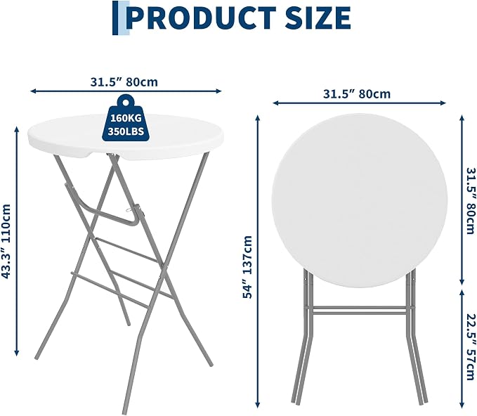 Garvee 32" Folding Cocktail Table, HDPE Round High Top Table with Metal Frame & Locking Legs, Folding Bar Table for Patio Backyard Indoor & Outdoor Events, White