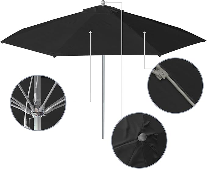 California Umbrella 11Ft Commercial Grade Sunbrella Fabric Market Umbrella, Pulley Lift, Aluminum/Fiberglass, 2mm pole wall, Silver Frame, Black Fabric
