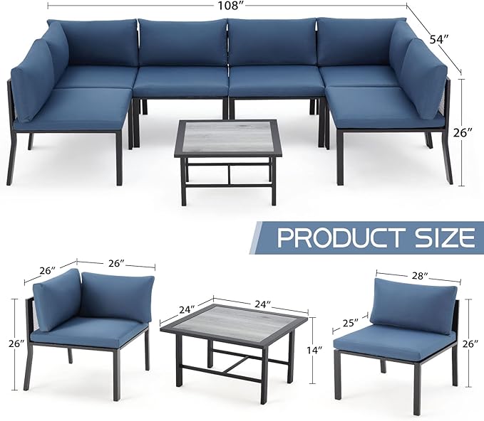 AECOJOY 7 Pieces Patio Furniture Set, Metal Mesh Fabric Outdoor Conversation Sets with Cushions and Wooden Table, Metal Outdoor Sectional Furniture for Backyard, Balcony, Lawn, Garden (Blue)
