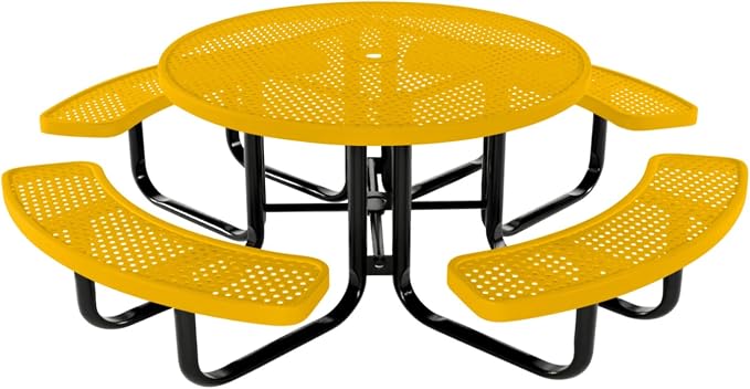 COATEDOUTDOORFURNITURE Heavy-Duty Portable Outdoor Kids Table with Umbrella Hole, Punched Steel Kids Picnic Table, Commercial-Grade, Made in America (46 in, Round, Childrens, Textured Yellow)