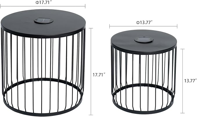 Solar Outdoor Side Table with Light Set of 2, Modern Round Patio Side Tables for Outside, Metal Outdoor End Accent Table for Living Room, Patio, Poolside, Backyard, Garden, Black