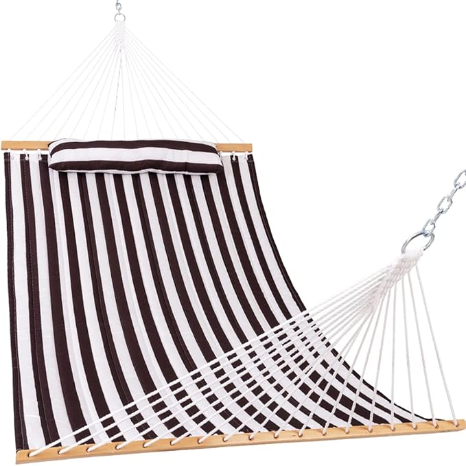Lazy Daze 12 FT Quilted Double Hammock with Spreader Bar, 2-Person, 450 lbs Capacity, Brown White