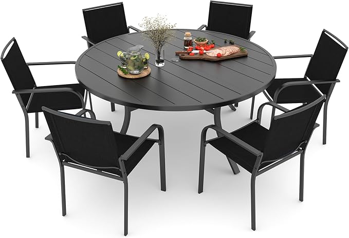 Anmutig 7 Piece Patio Table and Chairs Set, Outdoor Dining Set with 54 inch Round Table, 6 Stackable Black Chairs