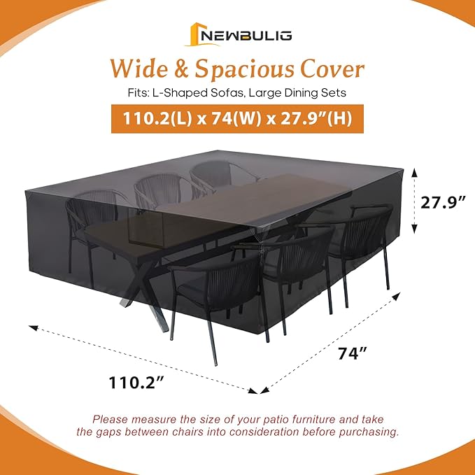 NEWBULIG Waterproof Patio Furniture Covers, Heavy-Duty 600D 111"L x 74"W x 28"H All-Weather Outdoor Furniture Cover Anti-UV with Air Vent for Couch, Sectional Sofa, Table and Chair, Black