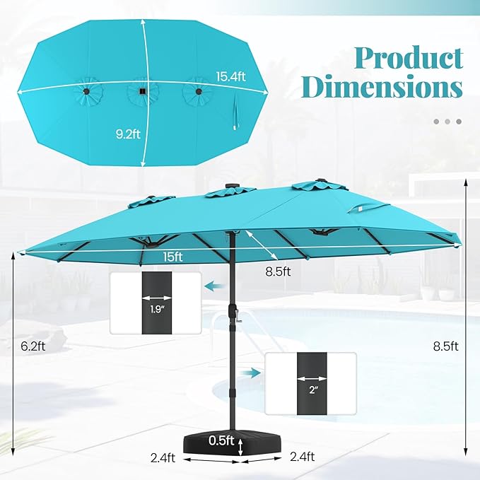 Tangkula 15FT Double-Sided Solar Patio Umbrella, Extra-Large Outdoor Twin Umbrella with 48 LED Lights, Vented Top, Crank Handle, 12 Ribs, Weighted Base Included for Backyard Poolside Deck (Turquoise)