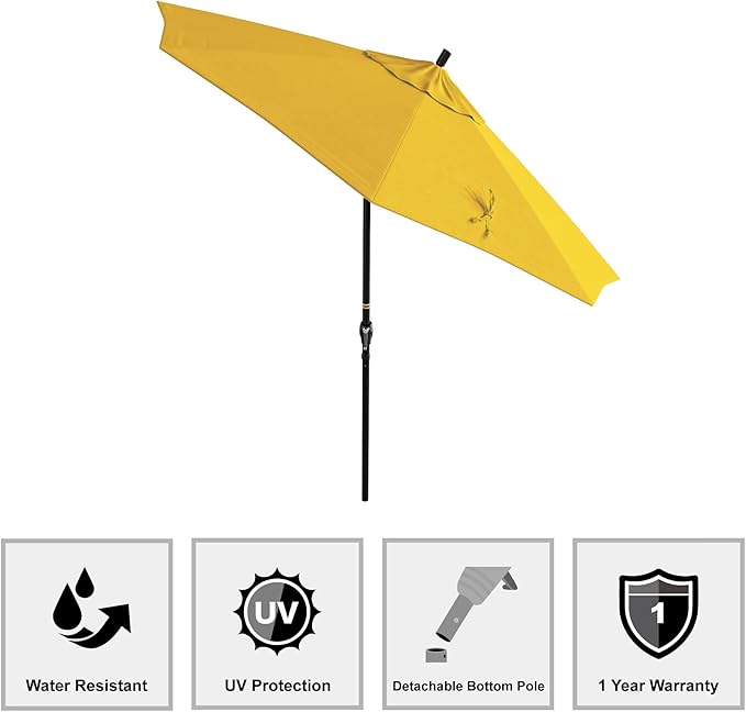 California Umbrella 9' Round Aluminum Market Umbrella, Crank Lift, Push Button Tilt, Black Pole, Lemon Olefin