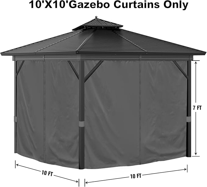 10'x10' Privacy Gazebo Curtains Outdoor Waterproof, 4-Panel Sidewall Curtains Universal Replacement with Zipper for Patio, Backyard, Garden (Grey)