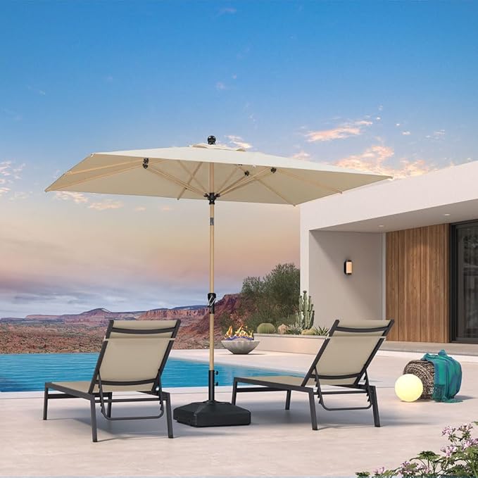 PURPLE LEAF 6' x 9' Patio Umbrella with Base Market Umbrella Rectangular Outdoor Umbrella with Push Button Tilt & Crank and 8 Ribs Aluminum Table Umbrella for Pool Backyard Beach, Beige