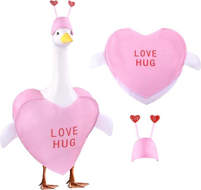 Valentine's Day Goose Outfit for 23" Porch Goose Holiday Pink Red Heart Cloths Costume Valentines Party Outdoor Garden Patio Yard Lawn Art Decoration(Love Hug)