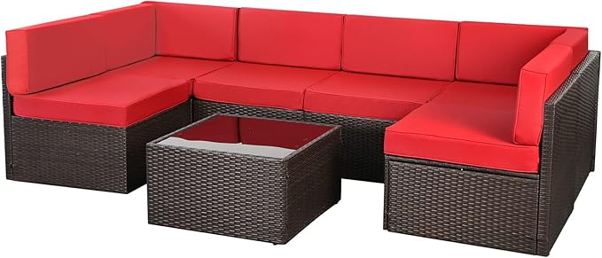 AECOJOY 7 Piece Outdoor Patio Furniture Set, Outdoor Sectional Conversation Furniture Chair with Coffee Table,Patio Sectional for Garden,Backyard(Red Cushions and Brown PE Rattan)
