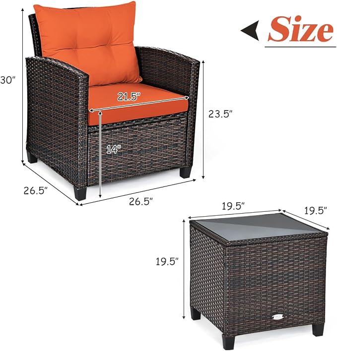 DORTALA Wicker Patio Furniture Set 3 Piece, Outdoor Table and Chairs with Tempered Glass Tabletop, Cushions, Small Rattan Conversation Sofa Set for Balcony, Porch, Backyard, Deck, Orange