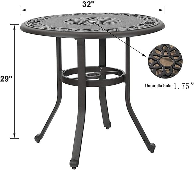 MFSTUDIO 3 Piece Outdoor Patio Bistro Set, Cast Aluminum Patio Dining Set for 2, Outdoor Bistro Table and Chairs, Small Round Patio Table with 1.97'' Umbrella Hole, Beige Cushions