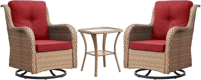 HUMMUH 3-Piece Swivel Rocking Rattan Chair Outdoor, Patio Bistro Furniture Conversation Set, Cushioned Wicker Chair with Glass Coffee Table(Yellow,Red)