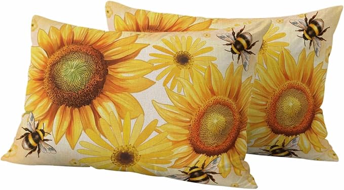 Outdoor Throw Pillow Covers,Farmhouse Sunflower Bee on Linen Waterproof Decorative Pillowcases Cushion Cover Retro Pastoral Yellow Flower Pillow Cases for Patio Couch Sofa Bed,20x12in Set of 2