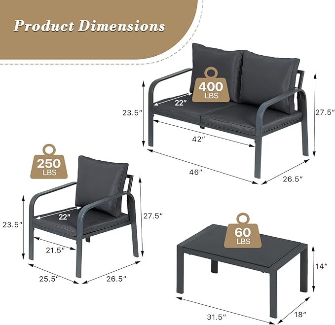 Athena Collection Patio Furniture Set 4 Pieces Outdoor Conversation Sets with Coffee Table & Cushions, All Weather Bistro Chairs Set for Balcony, Lawn, Garden, Poolside, Black