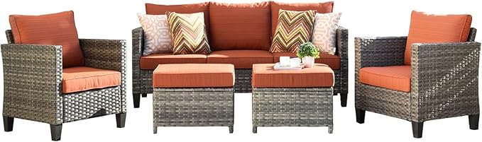 HOOOWOOO 5-Piece Luxury Patio Furniture Set– Stylish, Comfortable Outdoor Rattan Sofa Set with 2 Chairs, 2 Ottoamns, Weather-Resistant Patio Conversation Set for Deck, Garden, Balcony (Orange Red)