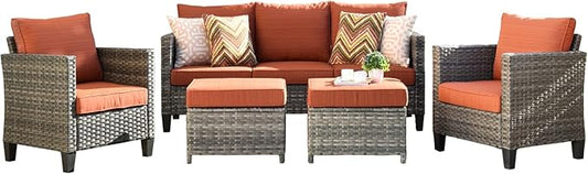 HOOOWOOO 5-Piece Luxury Patio Furniture Set– Stylish, Comfortable Outdoor Rattan Sofa Set with 2 Chairs, 2 Ottoamns, Weather-Resistant Patio Conversation Set for Deck, Garden, Balcony (Orange Red)