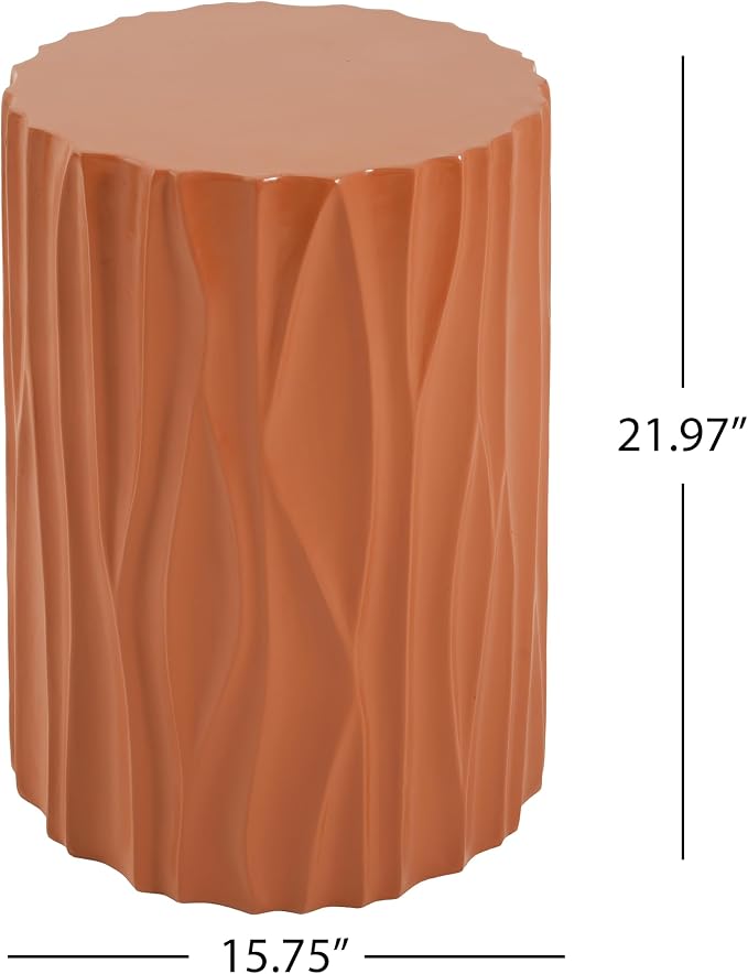Terracotta Wave Textured MGO Cylindrical Side Table, Indoor & Outdoor Multi-Use Stool Table for Living Room Patio Balcony