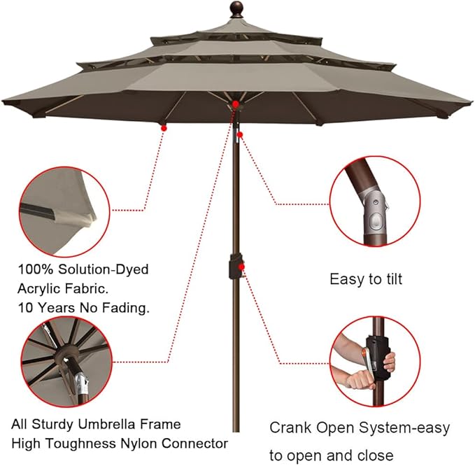 EliteShade USA 10-Year-Non-Fading 9ft 3-Tier Market Patio Umbrella, Commercial Grade Outdoor Table Umbrella with Crank Open, Windproof & UPF 50+ UV Protection, Heavy Duty Ventilation for Garden, Deck, Pool, Backyard, Beach & Bistro, Taupe