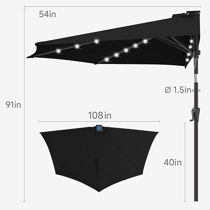 9FT Solar Half Umbrellas Outdoor - LED Half Patio Umbrella with 25 Lights, UV Protection Waterproof, Half Round Umbrella for Wall Balcony, Pool, Porch, Garden, Deck, Backyard, Black