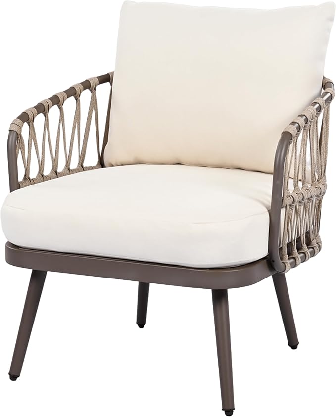 Christopher Knight Home Lena Patio Conversation Set, Two Club Chairs, Rope Woven Loveseat, Metal Frame Armchair, Rectangular Coffee Table, Outdoor Side Table and Chair Set for Backyard, Brown+Beige