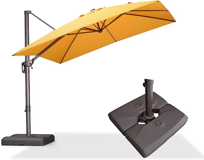 PURPLE LEAF 9' X 9' Patio Umbrella With Base Antique Bronze Square Cantilever Umbrella Outdoor with 360° Rotation and Aluminum Offset Hanging for Pool Deck Garden Backyard, Yellow