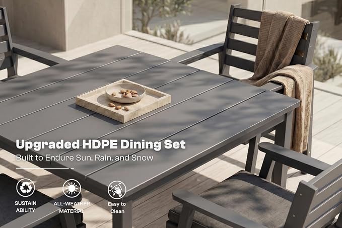 HDPE Outdoor Dining Set for 6, Modular Tables & 6 Armchairs | • Expandable 2-Table Combo • Dual 2" Umbrella Openings • 410 lbs High Weight Limit • All-Weather Polywood