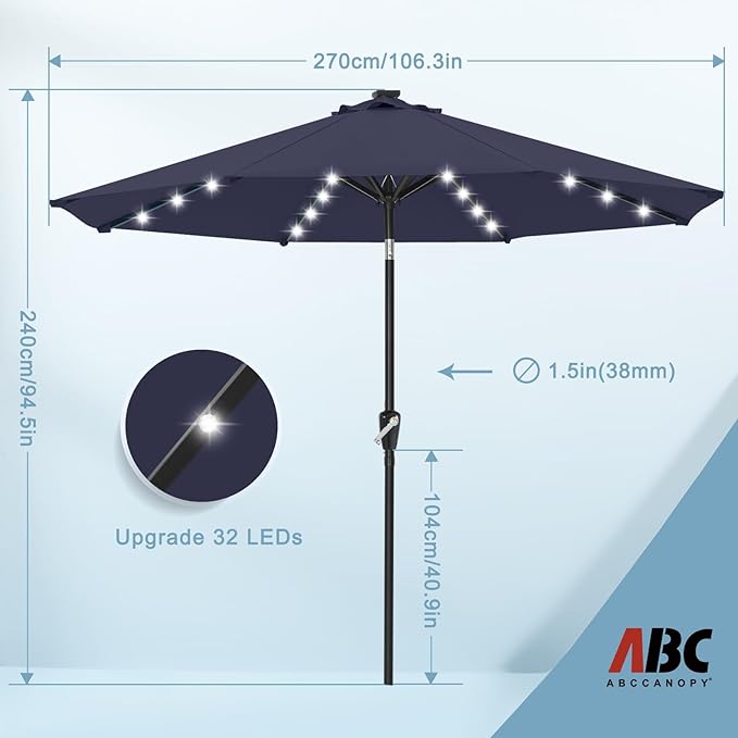 ABCCANOPY Durable Solar Led Patio Umbrellas with 32LED Lights 9FT (Tibetan Blue)