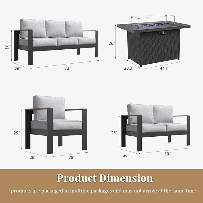 Aluminum Outdoor Patio Furniture Sets, 5 Piece Metal Patio Conversation Sets with Fire Pit with 5 Inch Cushion for Garden Backyard Deck