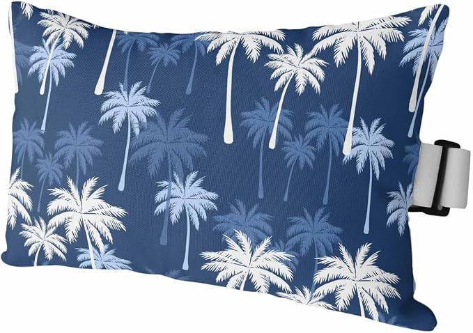 Tropical Palm Tree Outdoor Pillows for Chaise Lounge Chair Waterproof Lumbar Pillows with Insert&Adjustable Elastic Strap Beach Headrest Pillow Navy Blue White Plants Coastal Leaf Pool Pillow 12"x20"