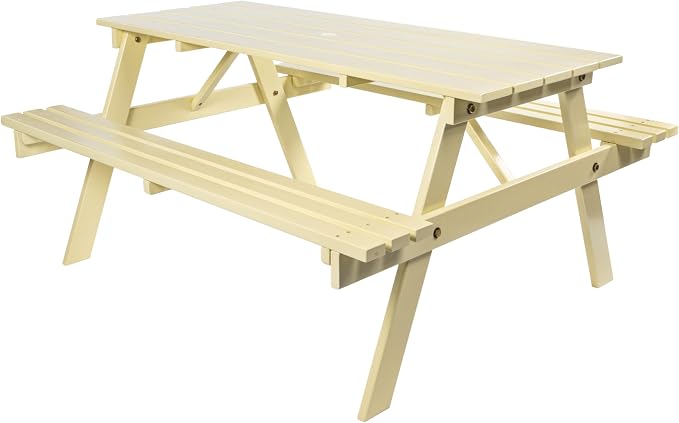 JONATHAN Y Shoreham 59" Eucalyptus Wood Outdoor Picnic Table with Benches for Patio, Rectangular Dining Set with 2" Umbrella Hole, Heavy Duty 700 lbs Capacity, Almond BNH200C