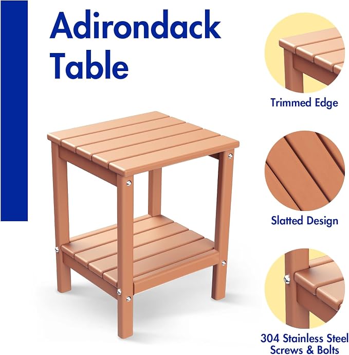 BRIOPAWS Outdoor-Side-Tables | Set of 2 | Small | HDPE Plastic | Patio End-Table | 2-Shelf Adirondack Outside Tables | All Weather | for Poolside Front Porch Indoor Living Room | 14" x 13" | Teak