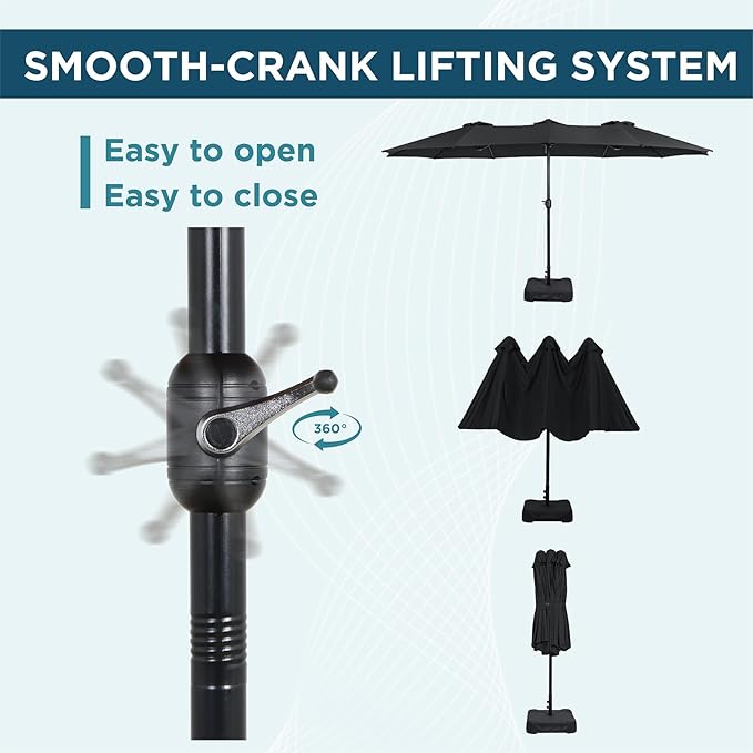 15FT Extra Large Patio Umbrella with Base Included, Heavy Duty Rectangle Outdoor Market Umbrella with 12 Strong Ribs for Patio, Garden, Lawn, Deck & Pool