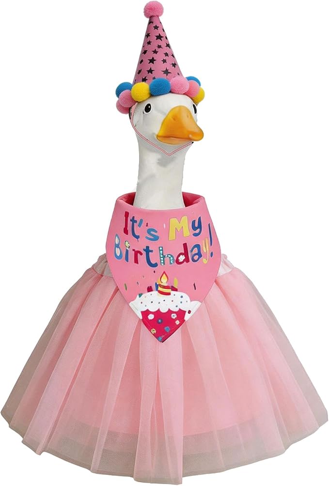 Birthday Porch Goose Outfits - 3Pcs Goose Outfits with Hat, Happy Birthday Bandana and Pink Tutu Skirt for 23 Inch Goose, Birth Party Goose Outfits Porch Goose Decor for Outdoor Garden Yard Patio