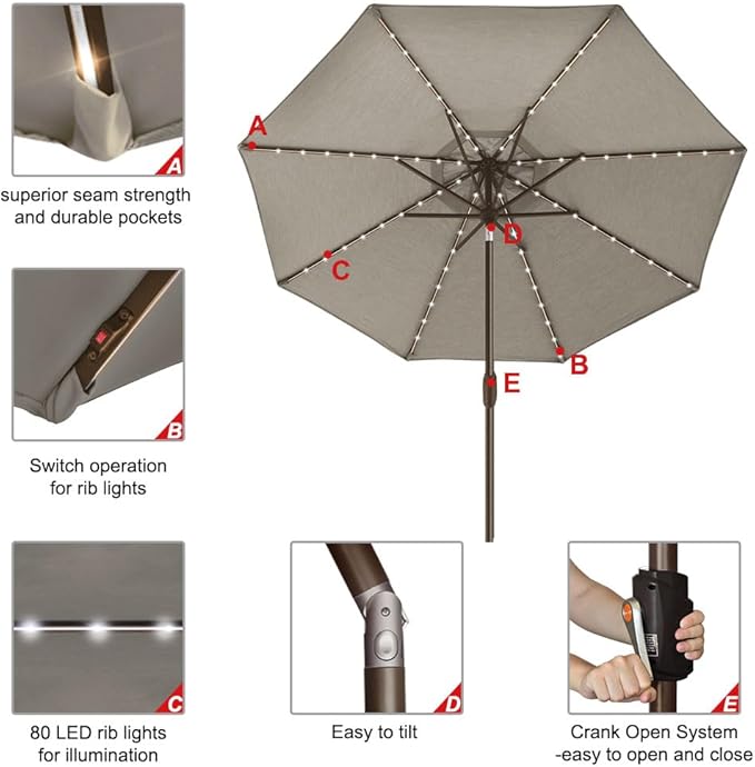 EliteShade USA 10-Year-Non-Fading 9ft Market Patio Umbrella, Commercial Grade Table Sun Umbrella with 80 Solar LED Lights, Crank Open, Windproof & UPF 50+ UV Protection for Garden, Deck, Pool, Backyard, Taupe