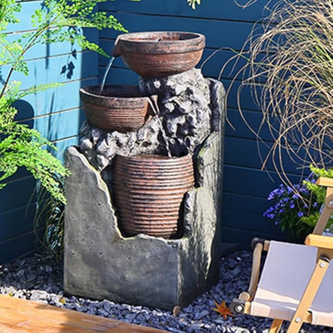 28" Tall 3-Tier Indoor/Outdoor Resin Water Fountain, Modern Cascading Bowl Design for Garden, Patio & Yard Décor – Outdoor Clearance
