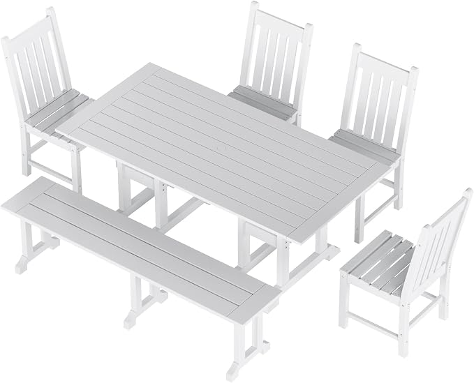 WestinTrends Malibu 6 Piece Outdoor Dining Set with Bench, All Weather Poly Lumber Patio Table and Chairs Set, 71" Trestle Dining Table with Umbrella Hole, 5 Patio Chairs with Bench, White