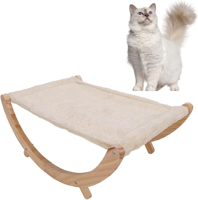 WW Wooden Cat Hammock Bed, Elevated Cat Swing Bed with Anti - Slip Base, Foldable & Removable Breathable Cushion, for Cats Puppies Small Pets All Seasons