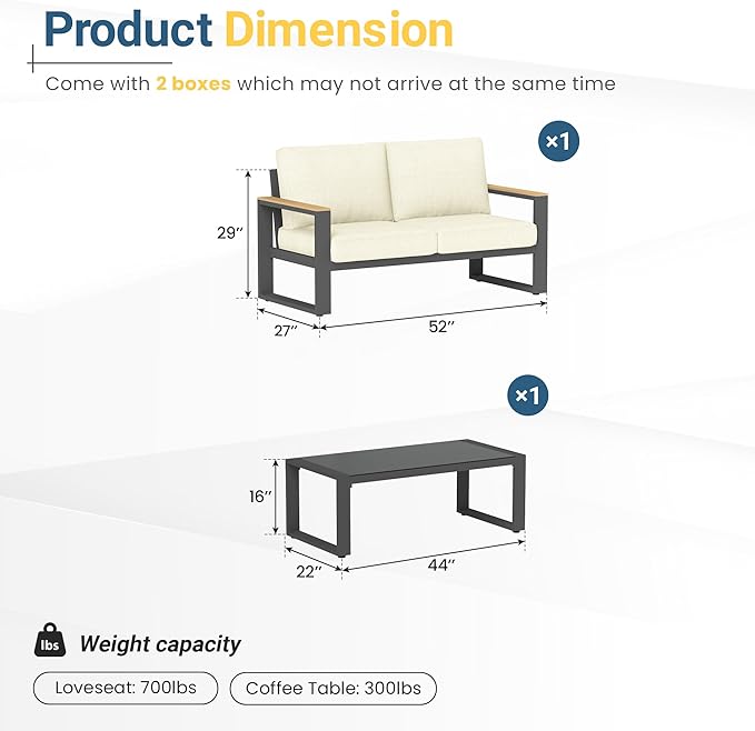 RoyalCraft Aluminum Outdoor Patio Furniture Set with Height-Adjustable Footrest, 2 Pieces All-Weather Patio Sofa Sets with Coffee Table for Porch Backyard Garden Patio, Beige