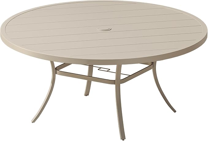 VICLLAX 63" Round Patio Table, Outdoor Dining Table for 8-10 with Umbrella Hole for Garden Lawn Deck Backyard, Sandshell