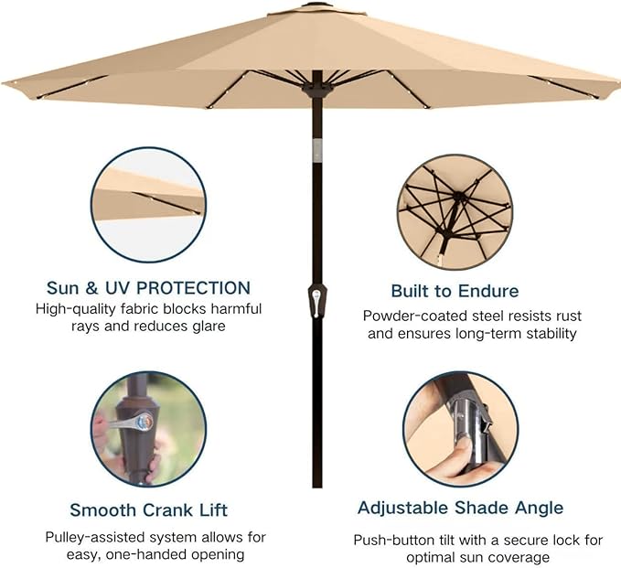 9' Solar LED Patio Umbrella with Tilt & Crank|8 Sturdy Ribs,UV Protection,Outdoor Market Table Umbrella for Deck,Lawn,Pool,Backyard (Khaki)