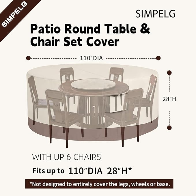 Round Waterproof Outdoor Covers Patio Furniture Covers 600D Heavy Duty Oxford UV Resistant Anti-Fading Patio Table Cover 110"DIA X 28"H (Beige & Brown)