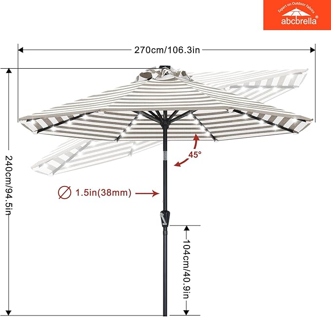 ABCCANOPY OLEFIN® 5-Year No Fading Patio Umbrella with Solar Lights (Gray Stripe)