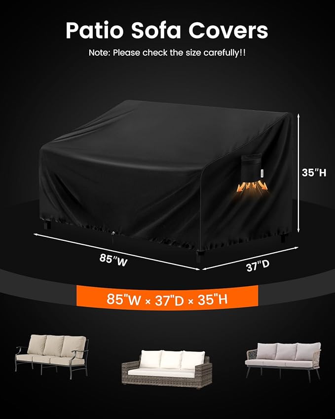 FORSPARK Patio Sofa Cover – Waterproof UV-Resistant Outdoor Couch Protector 85W x 37D x 35H inches for 3-Seat Loveseats, Tear-Resistant Oxford Fabric with Wind Straps & Storage Bag