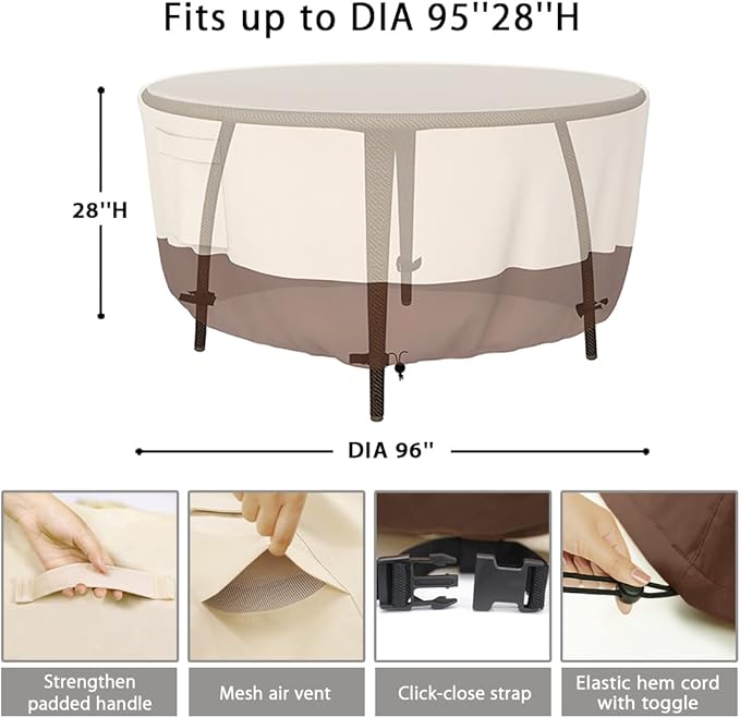 Tuyeho Patio Table Cover, Heavy Duty Round (96D x 28H Inch), Outdoor Dining & Coffee Table Cover, Waterproof, Weather Resistant, Anti UV - Beige & Brown