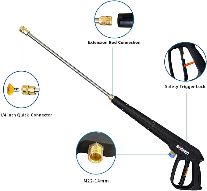 Durable Pressure Washer Gun Kit, Power Washer Gun with Replacement Extension Wand, M22 Fitting, 5 Spray Nozzle Tips, 37 Inch, 3000 PSI