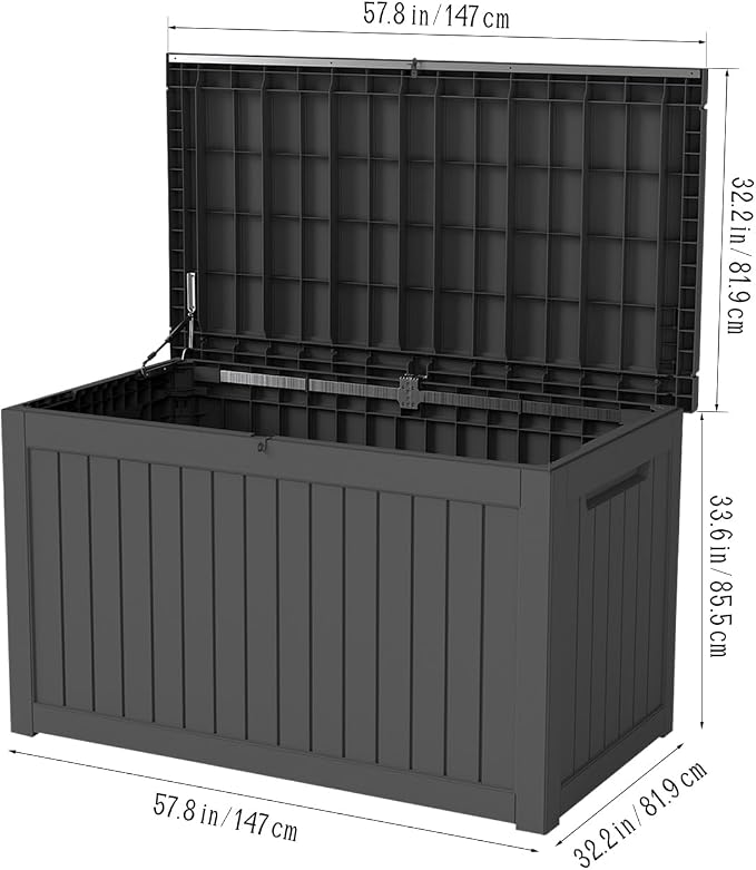 230 Gallon Patio Storage Box, Outdoor Resin Deck Box with Hydraulic Lid, Lockable & Waterproof for Garden Tools, Furniture Cushions, UV Resistant Outside Storage, Black