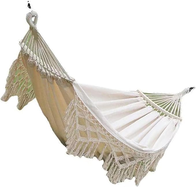 Double Hammock, Outdoor Hammock Breathable Stable Decorative Multifunction 500lb Load Bearing with Tassels Hanging Ropes for Courtyard (White)