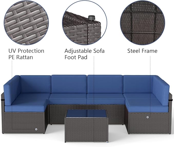 FIZZEEY 7 PCs Outdoor Patio Furniture PE Wicker Rattan Sectional Conversation Sofa Set, Dark Blue