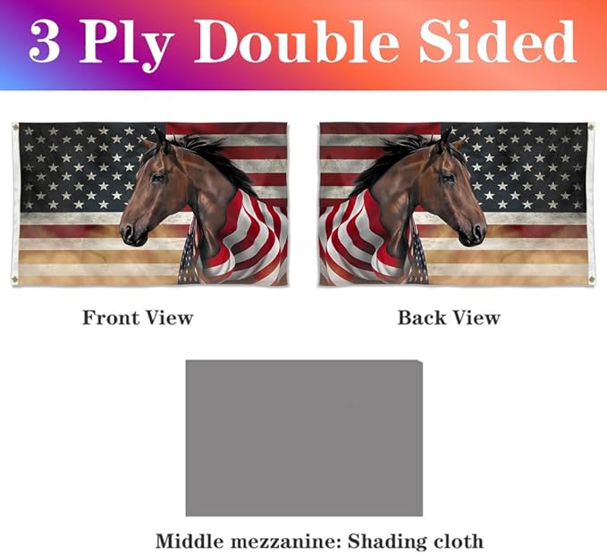 3ply Double Sided - Horse Wrapped In Glory. American Patriotic Horse Flag Banner for Premium Heavy Duty Durable Garden Decoration Outdoor and Indoor Flags with 2 Grommets (27x54inch)